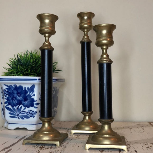 Set of 3 Vintage Brass Black Candlesticks